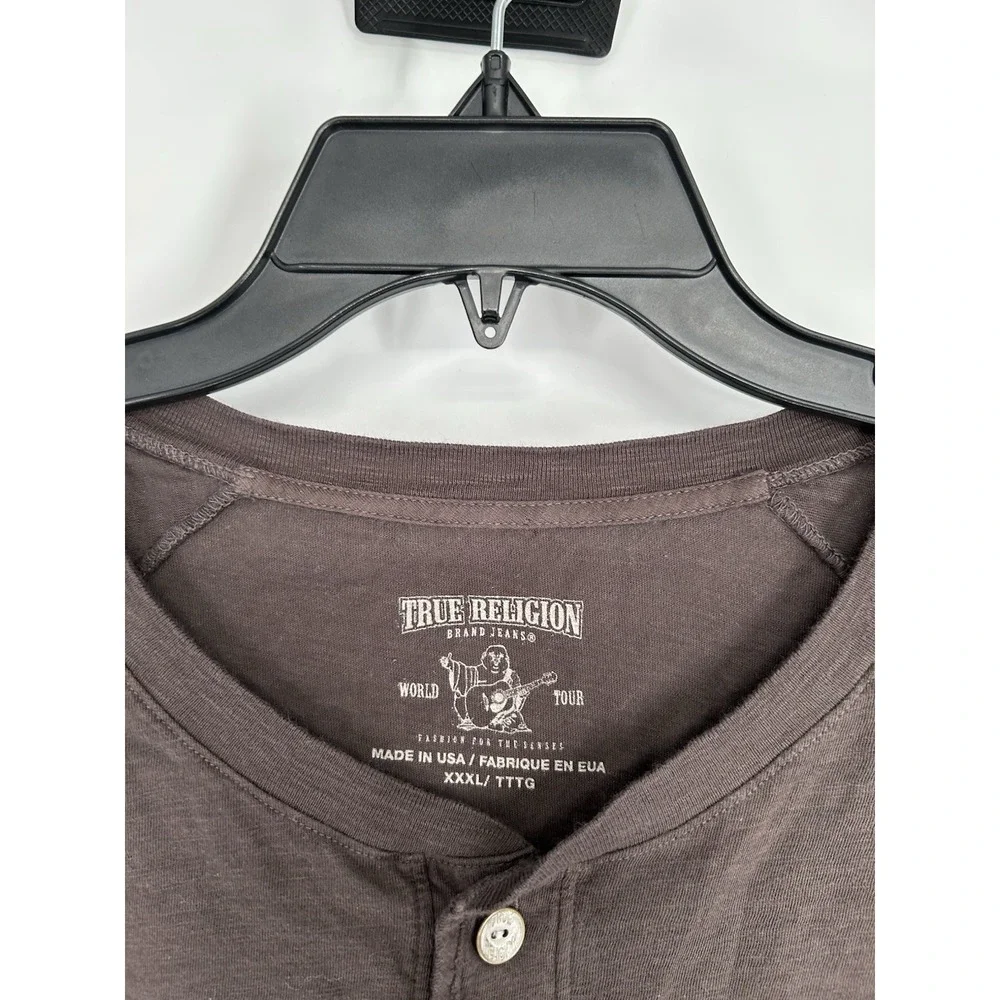 True Religion Flocked Horseshoe Slub Henley Long Sleeve Charcoal Mens 3XL XXXL‎